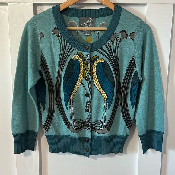 Knitted Dove Birds of a Feather Print Blue Button Cardigan Sweater Wool Blend S - Picture 2 of 12